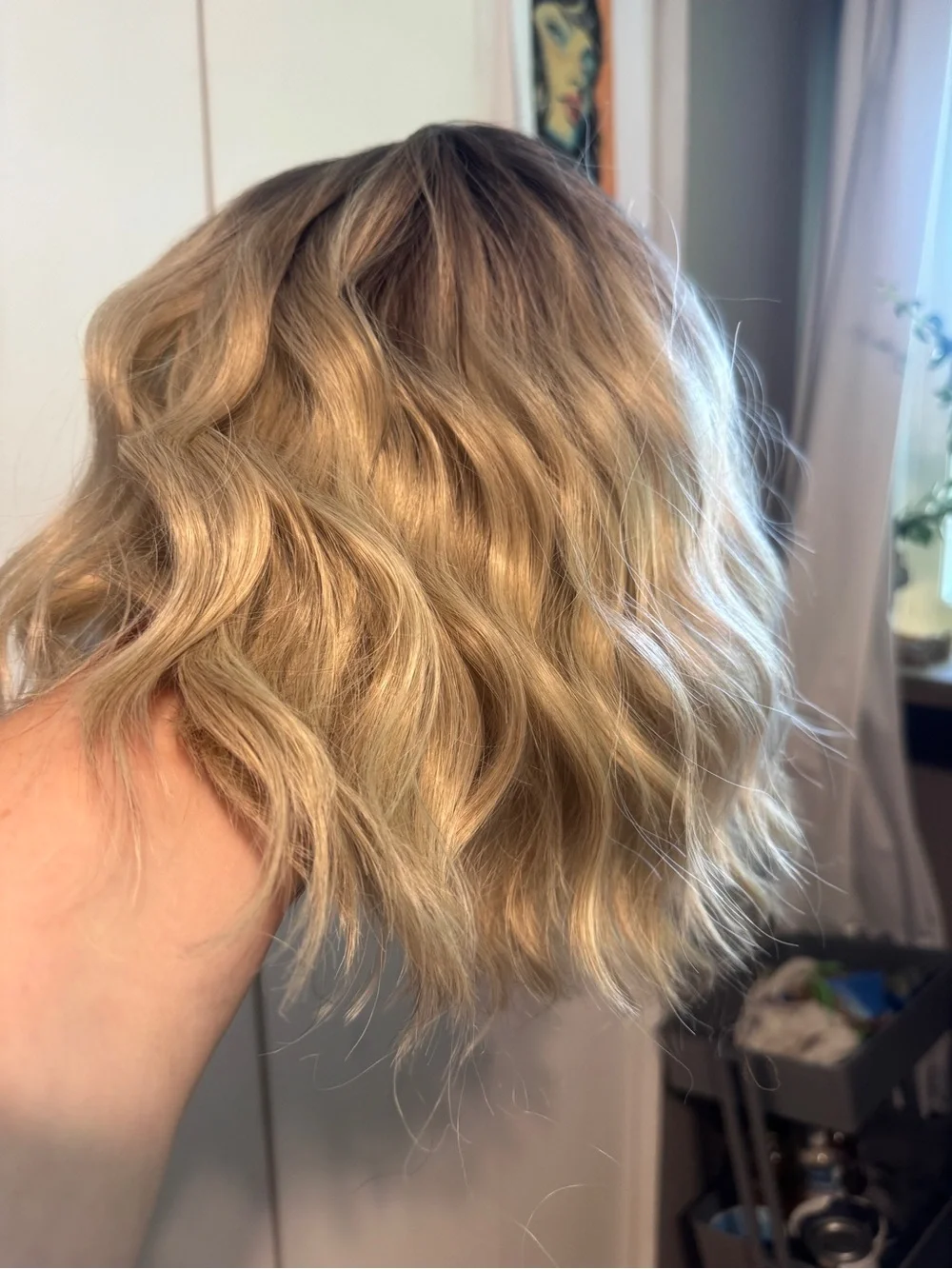 Ash Blonde Wavy Bob Synthetic Wig With Dark Shadow Root & Bangs